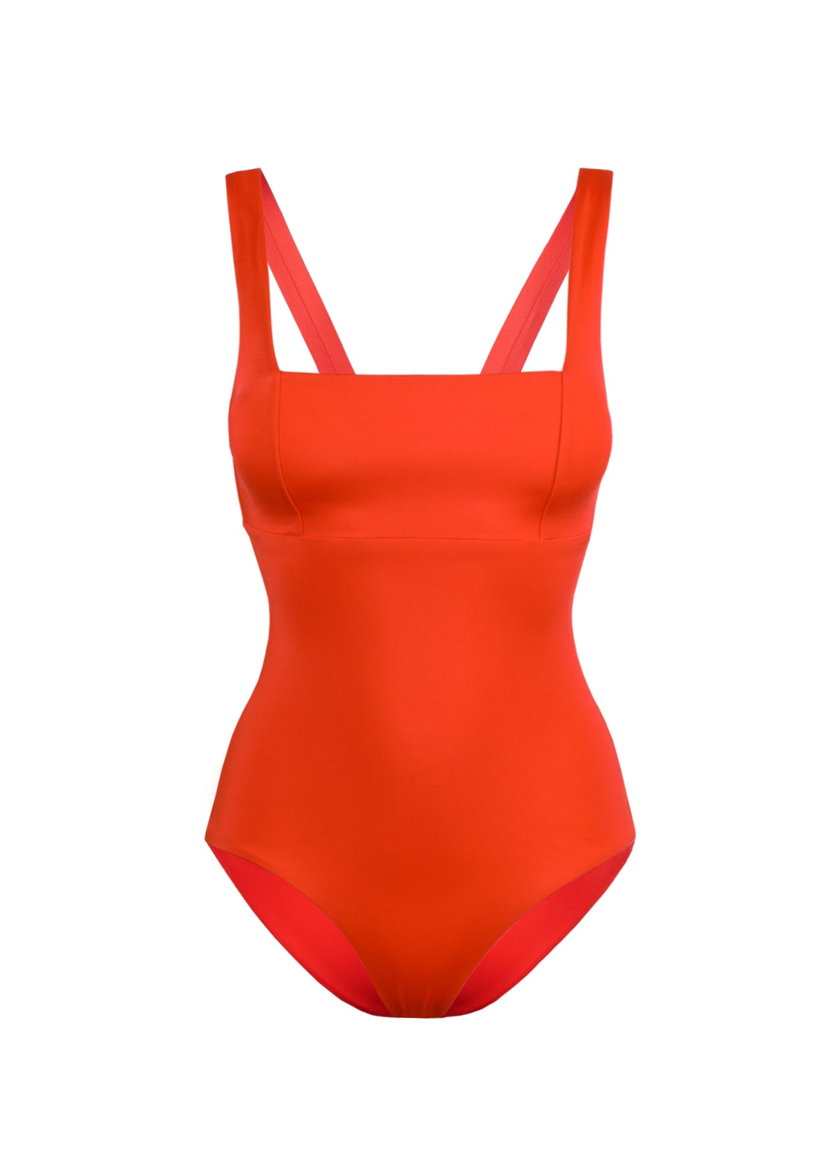 Parthenope  jednodílné tvarující plavky se čtvercovým výstřihem a širokými asymetrickými ramínky v barvě Shiny Chilli Pepper