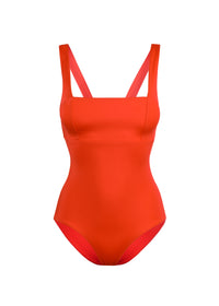 Parthenope  jednodílné tvarující plavky se čtvercovým výstřihem a širokými asymetrickými ramínky v barvě Shiny Chilli Pepper