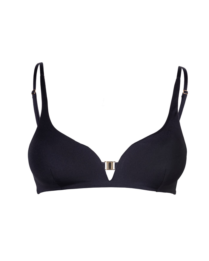 Plavková podprsenka s decentní véčkovou kosticí a záševkami v metalické černé