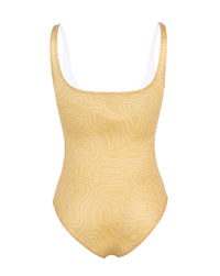 Metalické jednodílné plavky s širokými ramínky ve zlaté barvě se vzorem břízových let