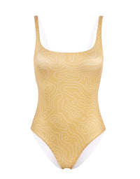 Metalické jednodílné plavky s širokými ramínky ve zlaté barvě se vzorem břízových let